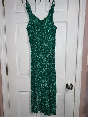 Green Polka-Print Maxi Dress with Smocked Straps